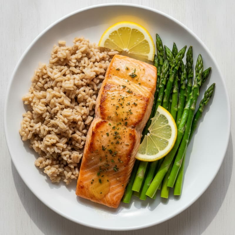 Seared Salmon with Steamed Asparagus and Brown Rice
