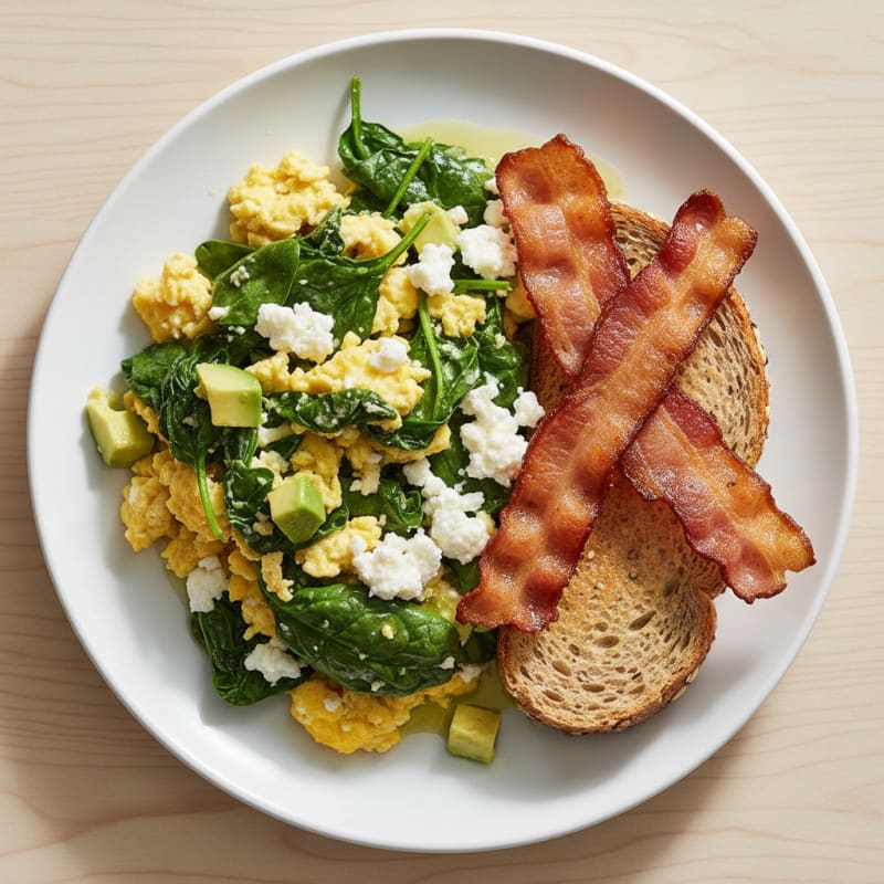 Cottage Cheese Egg Scramble with Spinach and Turkey Bacon