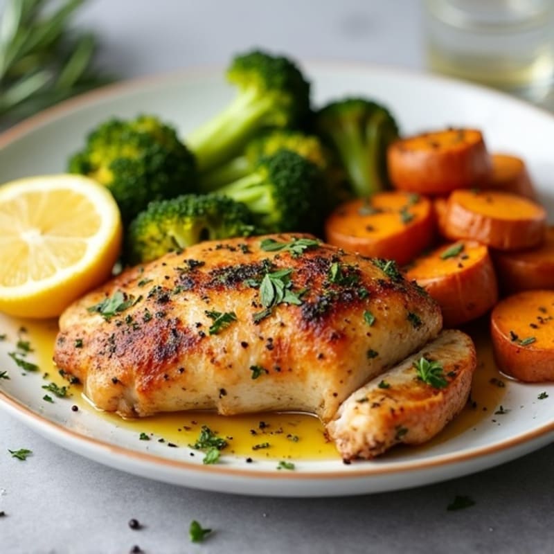 Lemon Herb Roasted Chicken with Crispy Roasted Broccoli and Sweet Potatoes