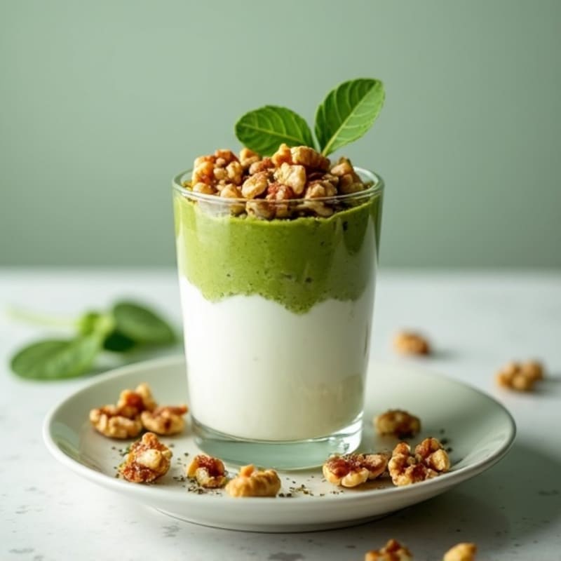 Greek Yogurt Protein Parfait with Chopped Walnuts and Spinach Powder