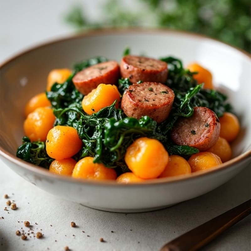 Sweet Potato Gnocchi with Chicken Sausage and Wilted Spinach