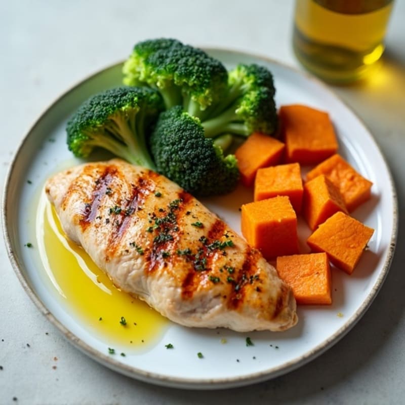 Grilled Chicken Breast with Roasted Sweet Potato and Steamed Broccoli