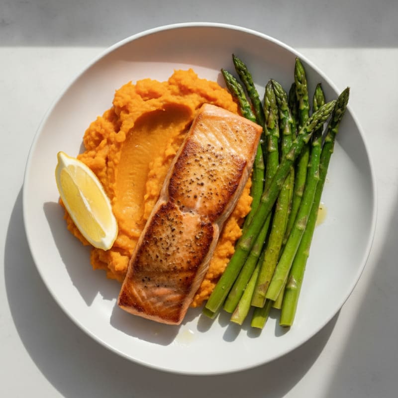 Seared Salmon with Roasted Asparagus and Sweet Potato Mash
