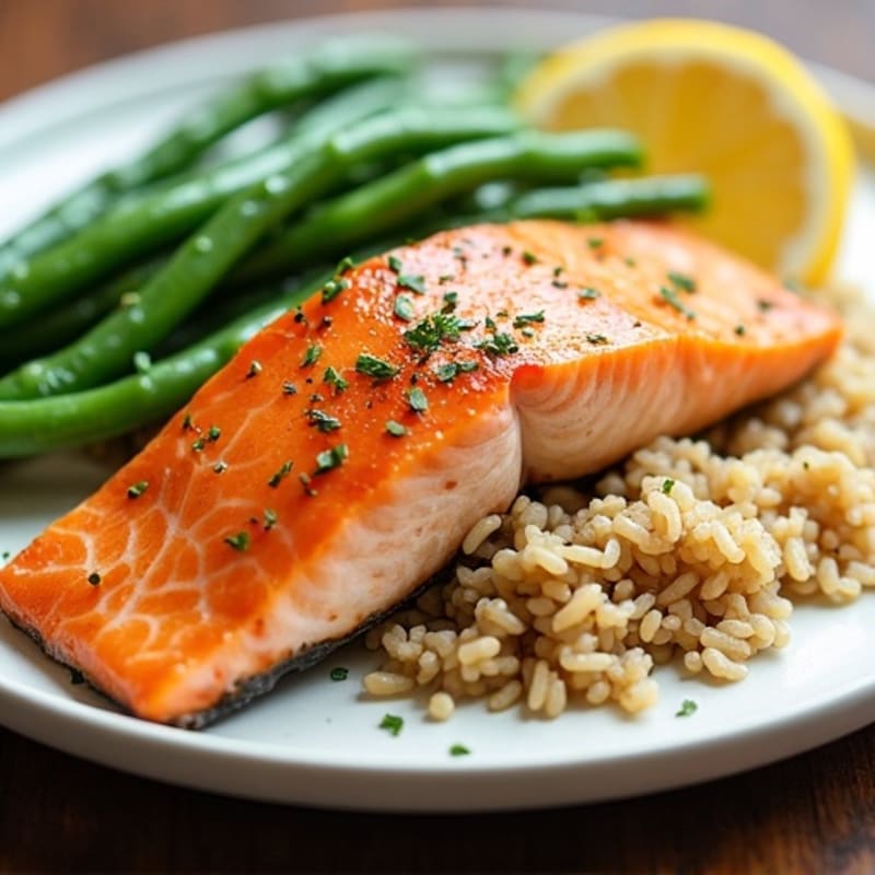 Seared Salmon with Garlic Green Beans and Brown Rice