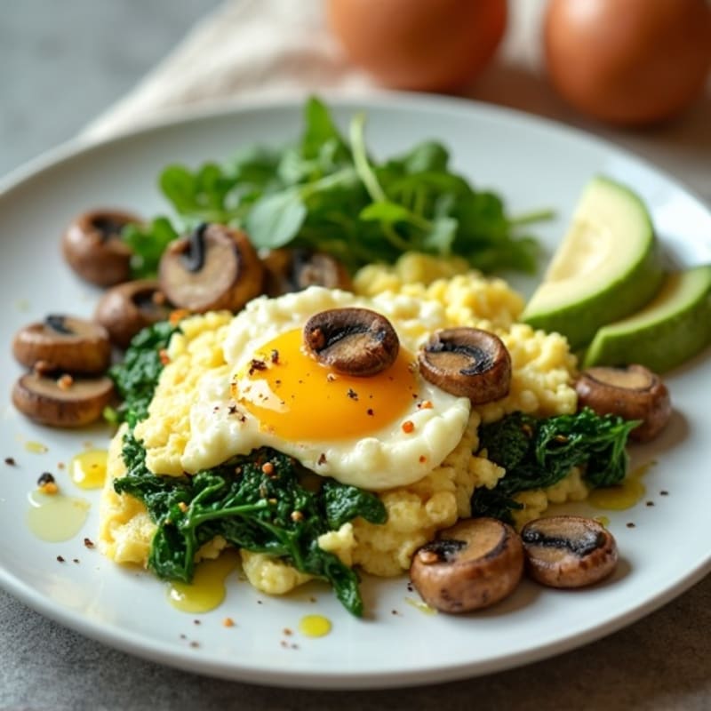 Cottage Cheese Egg White Scramble with Spinach and Sautéed Mushrooms