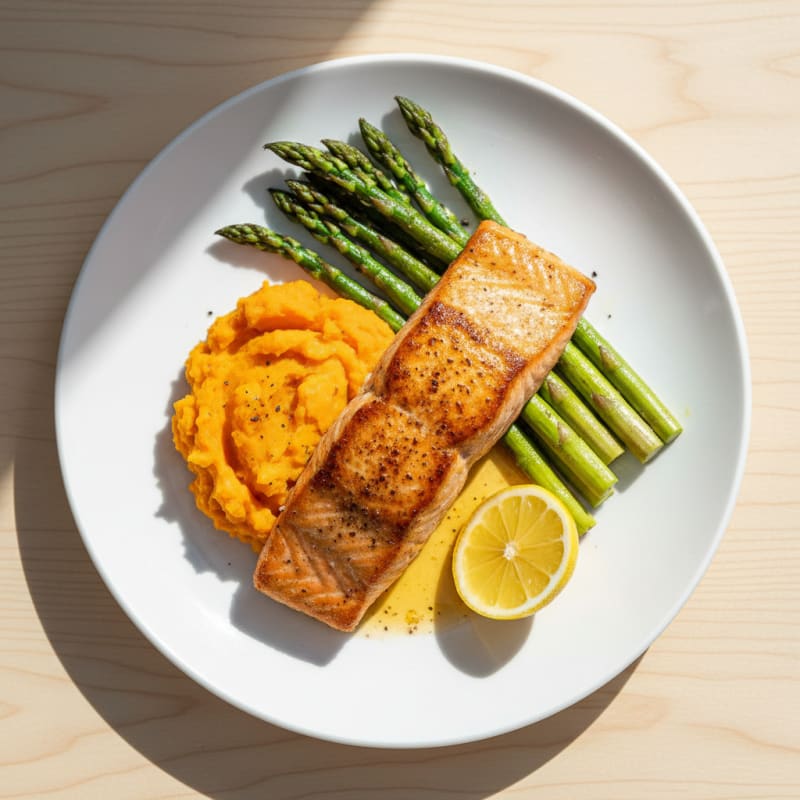 Seared Salmon Fillet with Roasted Asparagus and Sweet Potato Mash