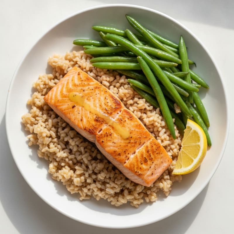 Seared Salmon with Steamed Green Beans and Brown Rice