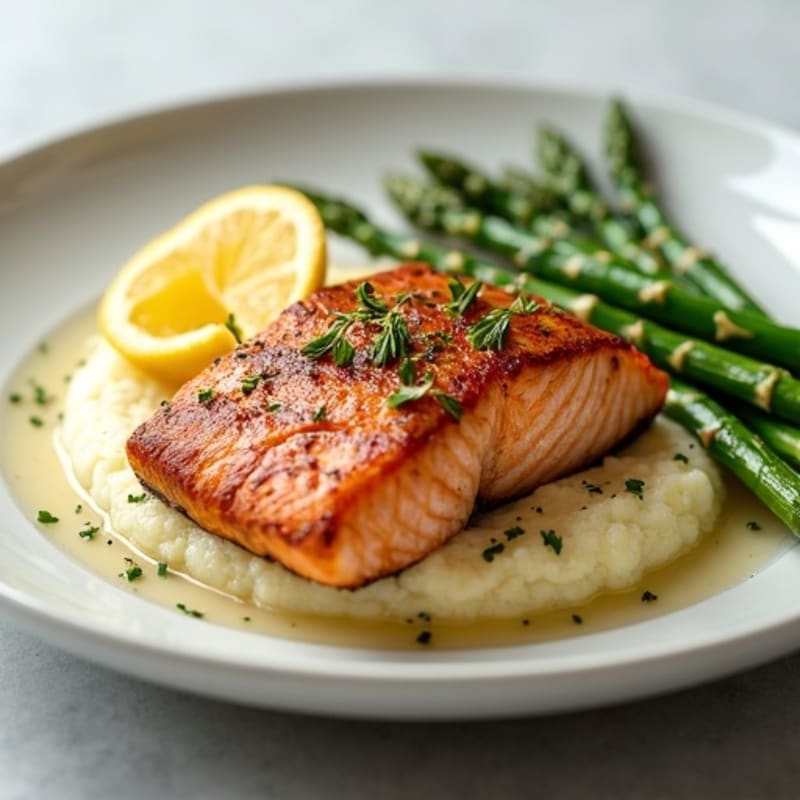 Seared Salmon with Steamed Asparagus and Cauliflower Mash