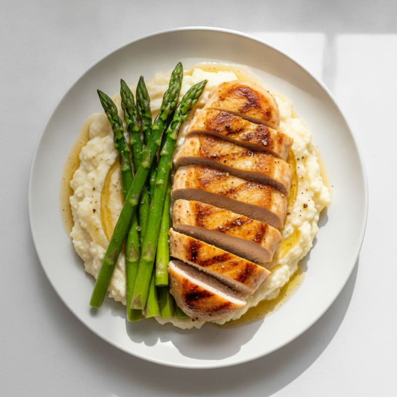 Seared Chicken Breast with Steamed Asparagus and Cauliflower Mash
