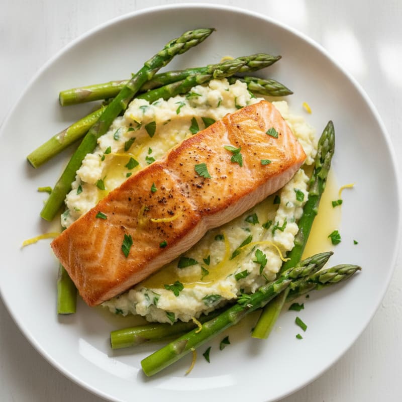 Seared Salmon with Herb-Cauliflower Mash and Steamed Asparagus