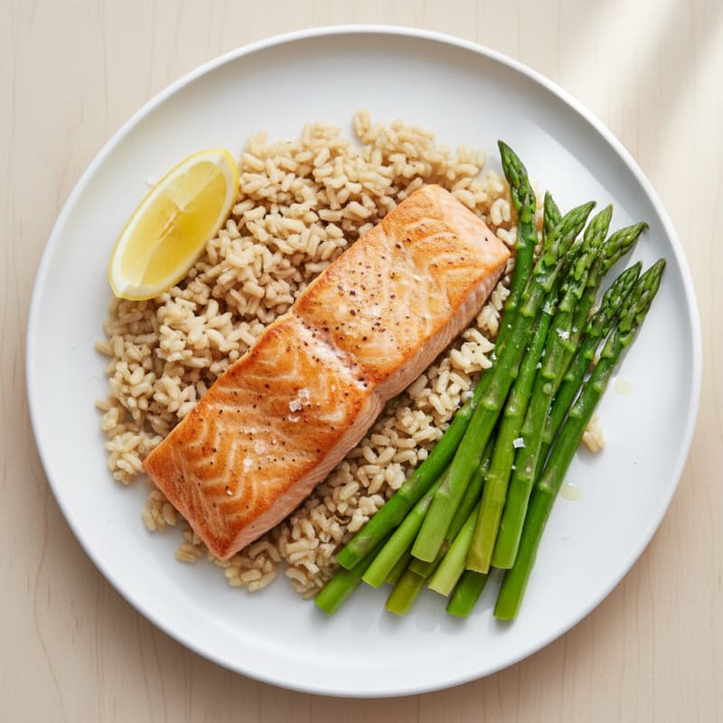 Seared Salmon with Steamed Asparagus and Brown Rice