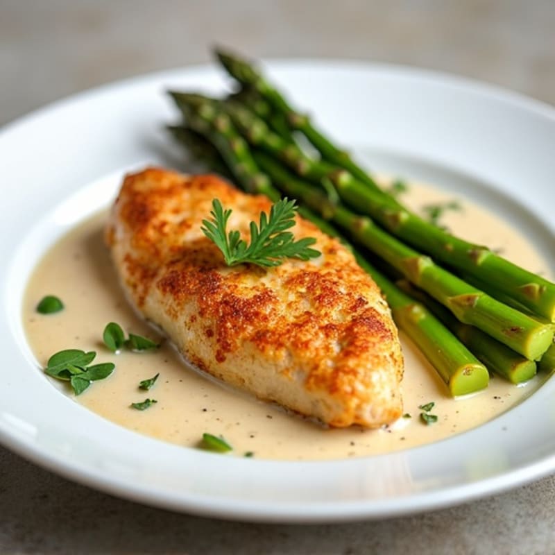 Crispy Pan-Seared Chicken with Creamy Leek Sauce and Roasted Asparagus
