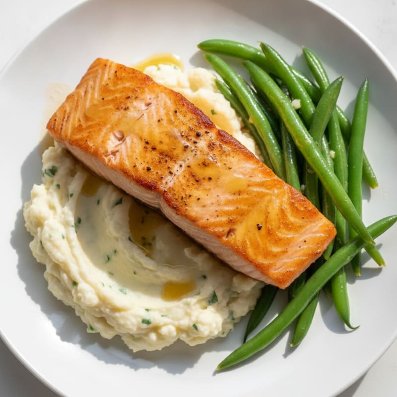 Seared Salmon with Steamed Green Beans and Garlic Mashed Cauliflower
