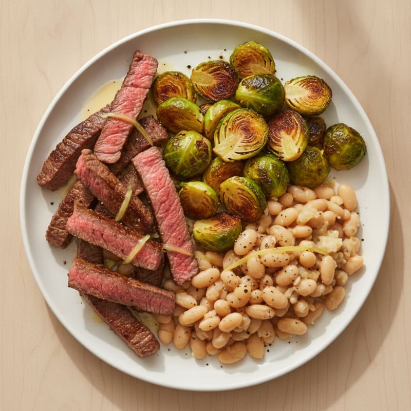 Seared Lean Beef Strips with Roasted Brussels Sprouts and White Beans