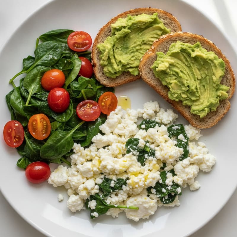 Egg White and Cottage Cheese Scramble with Sautéed Spinach and Cherry Tomatoes