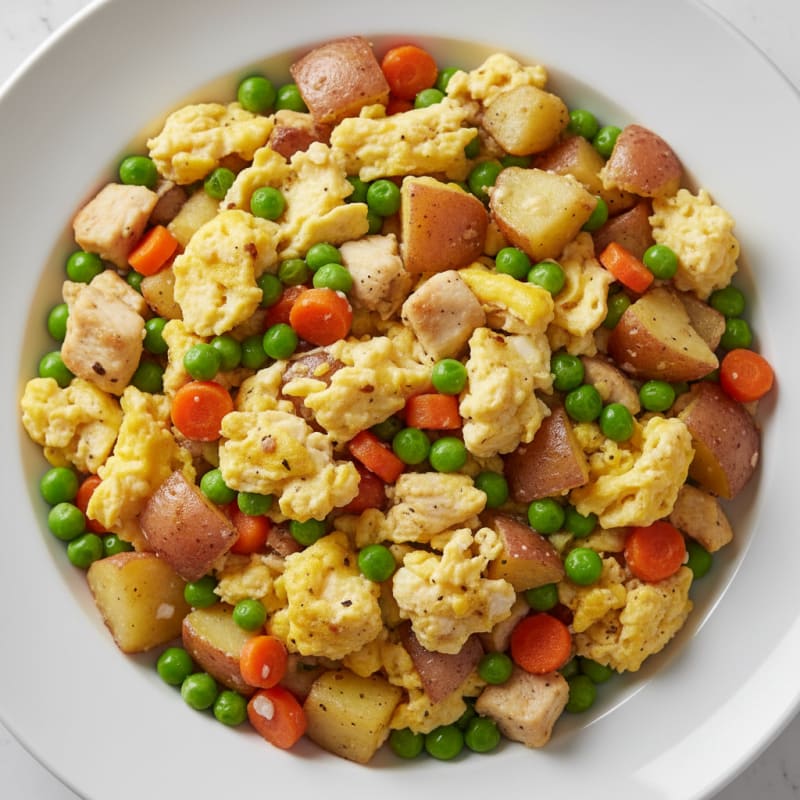 Egg and Potato Scramble with Sautéed Peas and Carrots