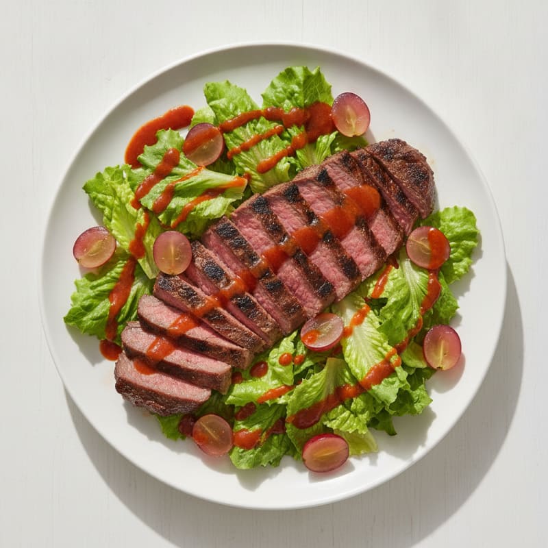 Grilled Steak and Lettuce Salad with Grapes and Hot Sauce Vinaigrette
