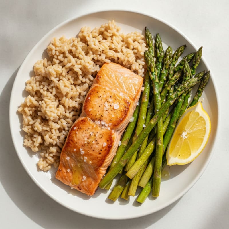 Seared Salmon with Roasted Asparagus and Brown Rice