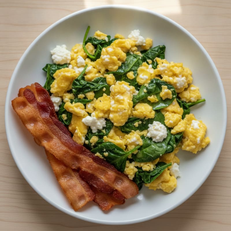 Cottage Cheese Egg Scramble with Spinach and Turkey Bacon