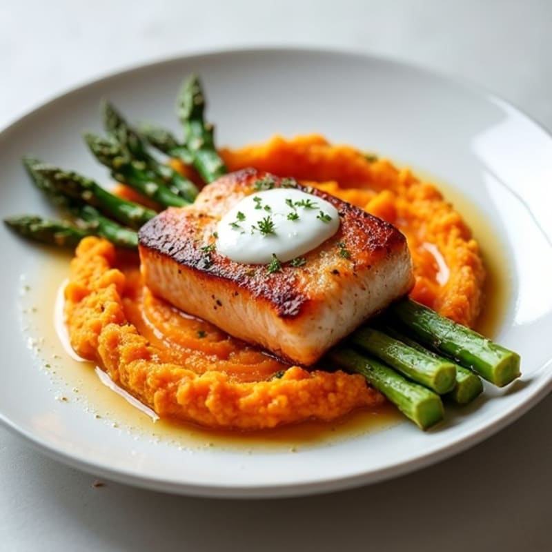 Seared Salmon Fillet with Roasted Asparagus and Sweet Potato Mash