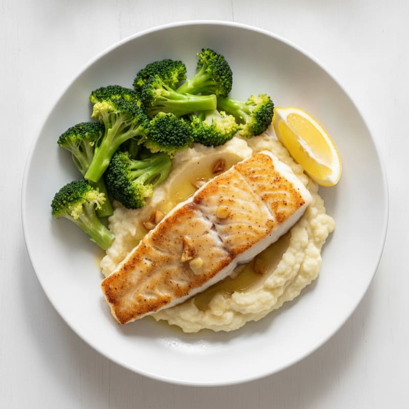 Seared Cod with Steamed Broccoli and Cauliflower Mash