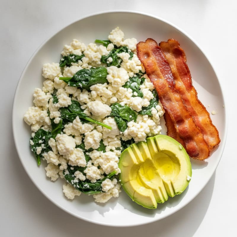 Cottage Cheese Egg White Scramble with Spinach and Turkey Bacon