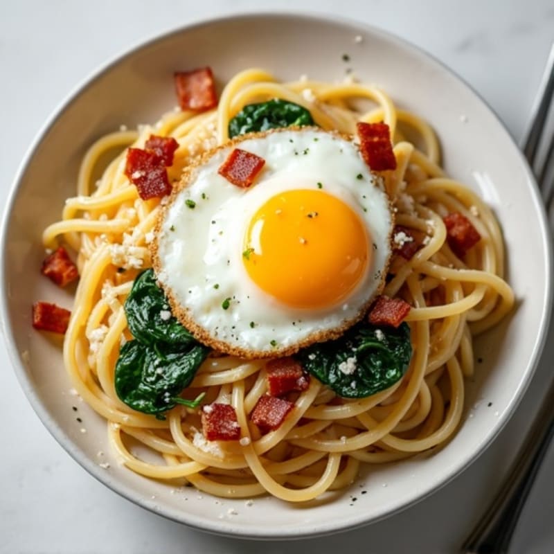 Creamy Whole Wheat Spaghetti Carbonara with Crispy Turkey Bacon and Garlic Spinach
