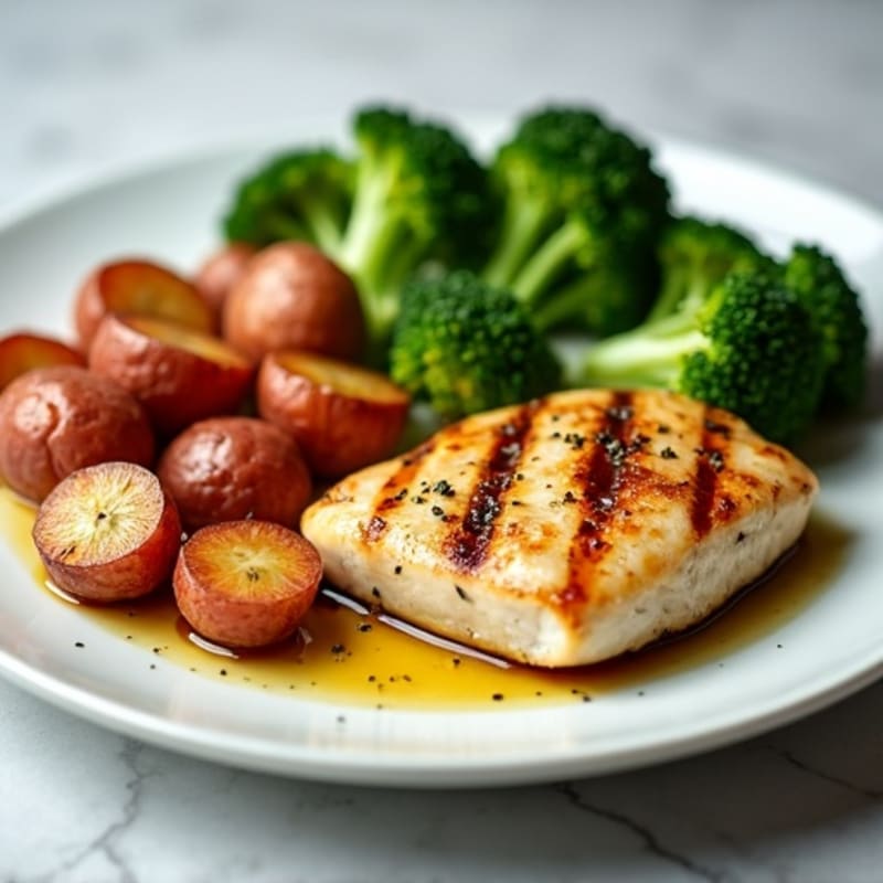 Grilled Chicken Breast with Roasted Mini Red Potatoes and Steamed Broccoli