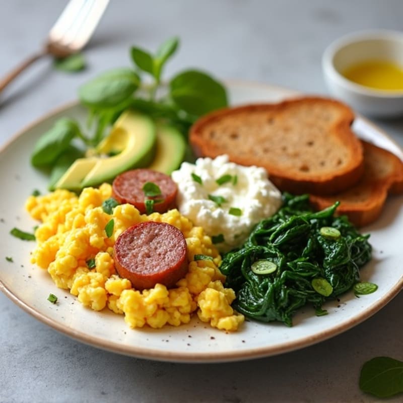 Egg White and Turkey Sausage Scramble with Cottage Cheese and Spinach