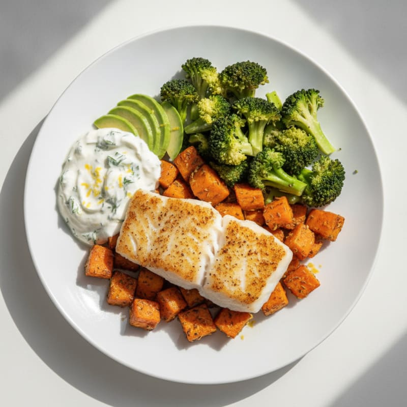Pan-Seared White Fish with Roasted Sweet Potato and Steamed Broccoli