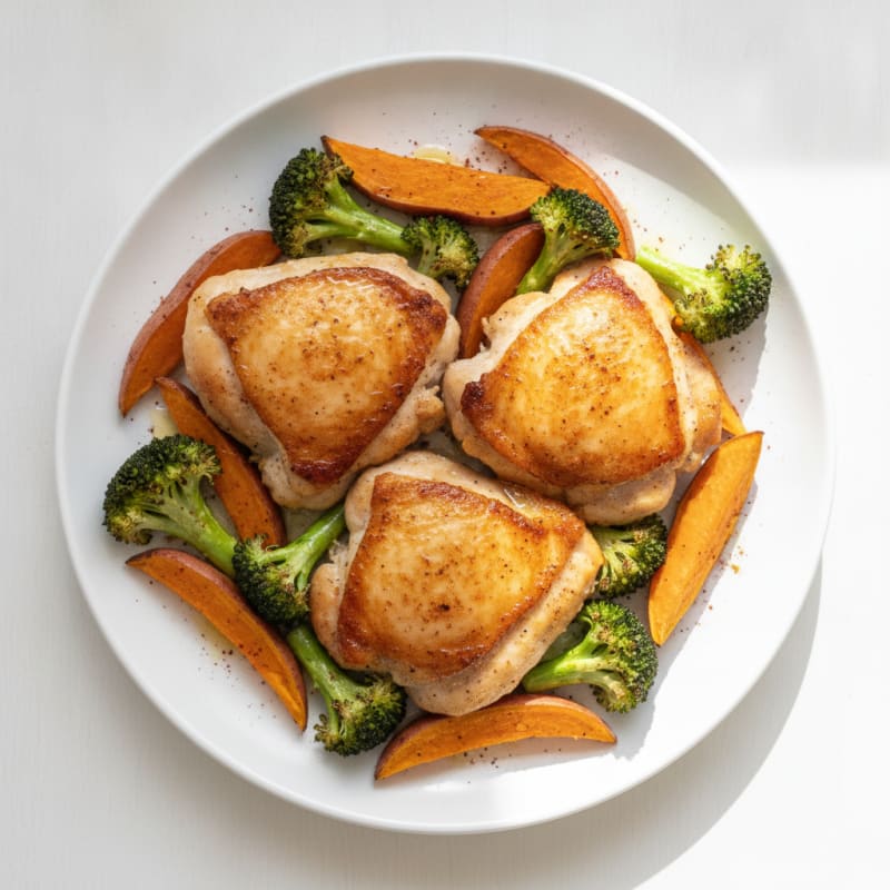 Seared Chicken Thighs with Roasted Broccoli and Sweet Potato