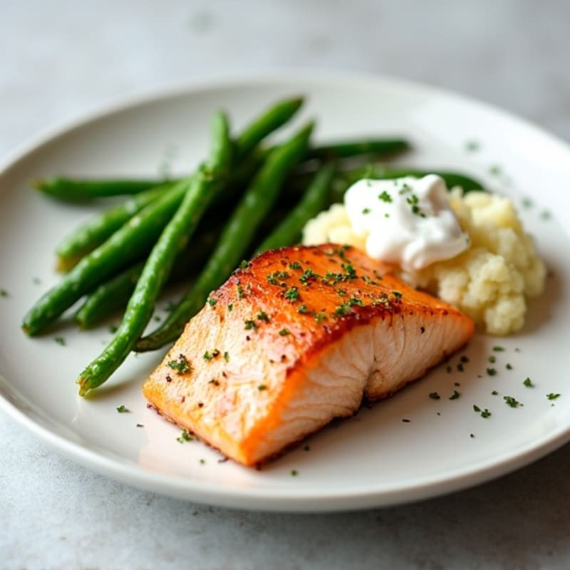 Seared Salmon Fillet with Steamed Green Beans and Cauliflower Mash