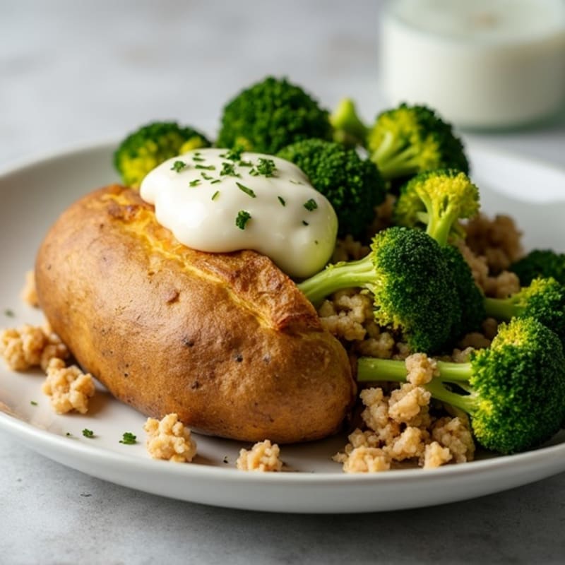 Fluffy Baked Potato with Savory Ground Turkey and Roasted Broccoli