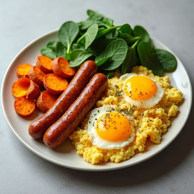 Fluffy Egg and Lean Turkey Sausage Scramble with Roasted Sweet Potatoes and Spinach