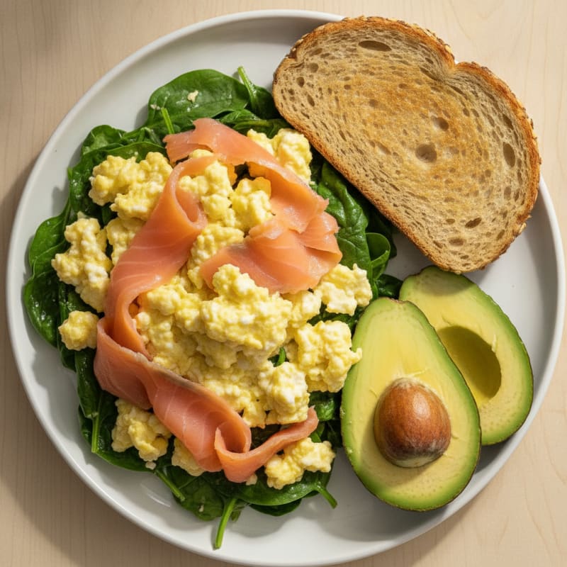 Creamy Cottage Cheese and Smoked Salmon Scramble with Sautéed Spinach