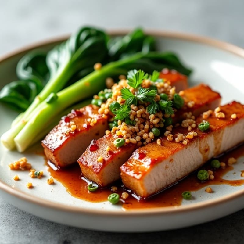 Crispy Garlic-Ginger Braised Pork with Asian Greens