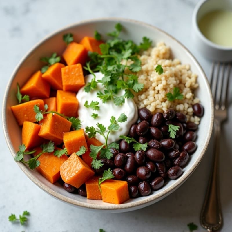 Black Bean and Roasted Sweet Potato Bowls with Creamy Cilantro Lime Dressing