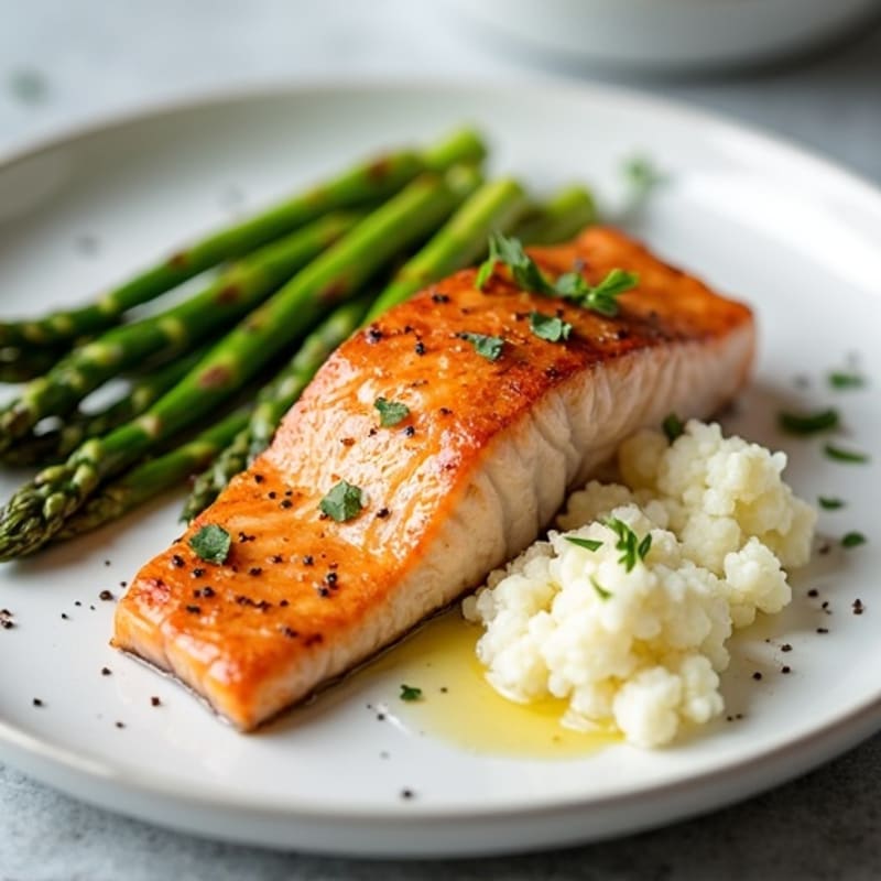 Seared Salmon with Steamed Asparagus and Cauliflower Mash