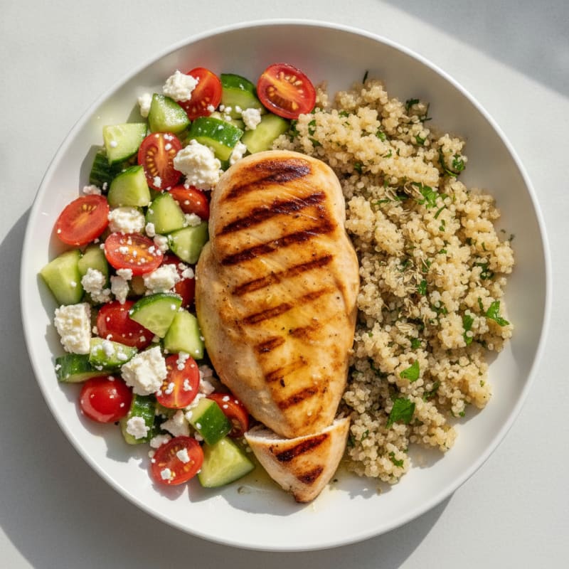 Grilled Chicken Breast with Tomato Cucumber Salad and Herbed Quinoa