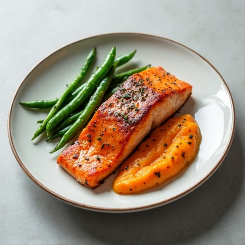 Seared Salmon Fillet with Steamed Green Beans and Sweet Potato Mash