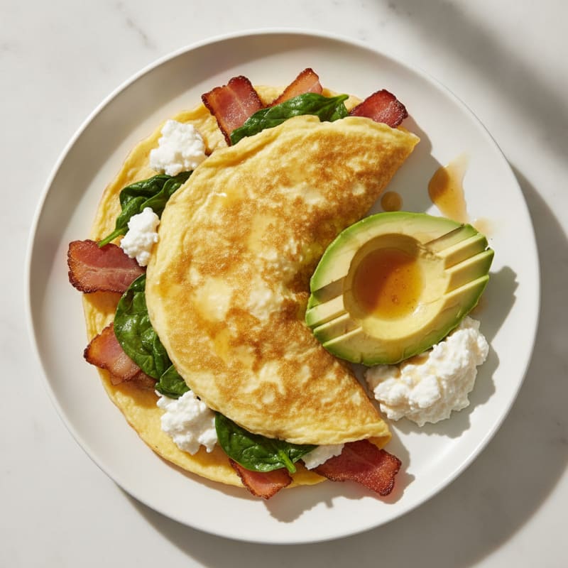 Crispy Turkey Bacon and Spinach Omelette with Cottage Cheese