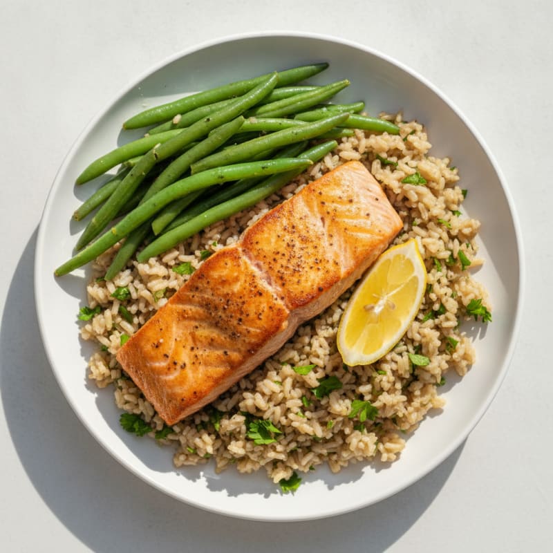 Seared Salmon Fillet with Steamed Green Beans and Herb Rice