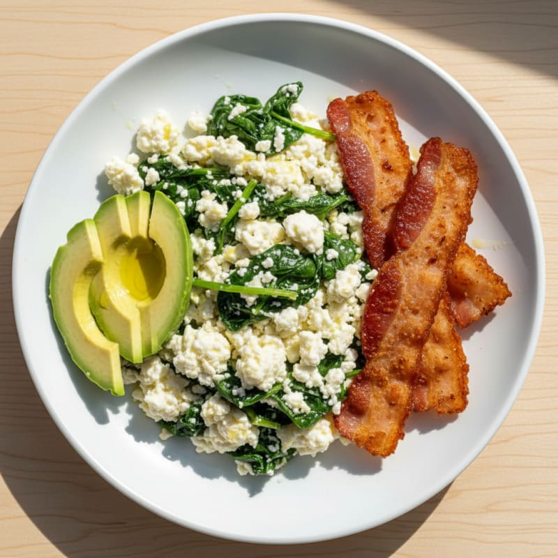 Cottage Cheese Egg White Scramble with Spinach and Turkey Bacon