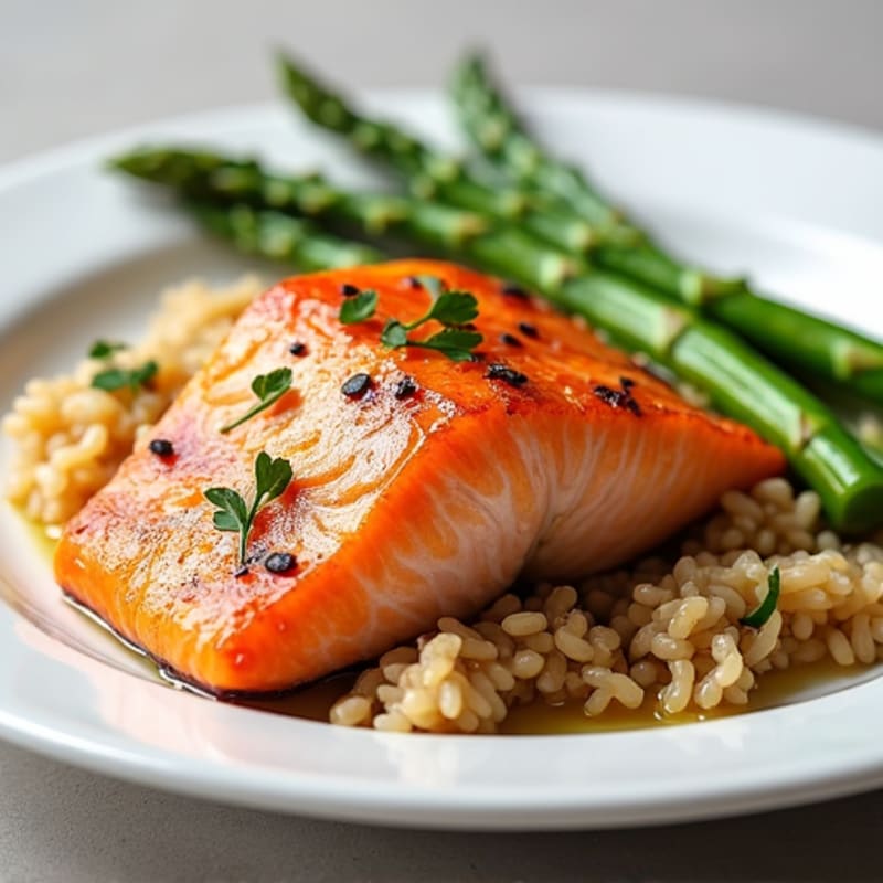 Seared Salmon with Steamed Asparagus and Brown Rice
