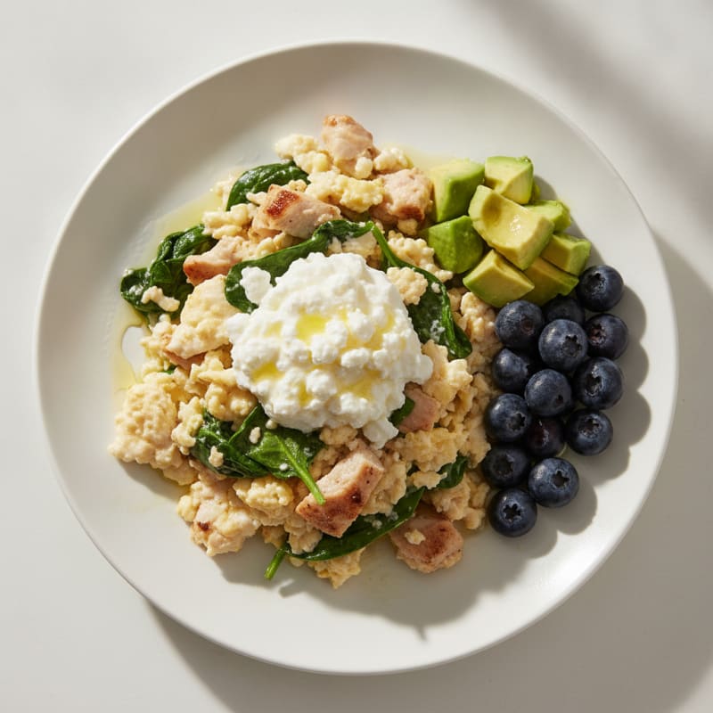 Egg White Spinach Scramble with Cottage Cheese and Sliced Turkey