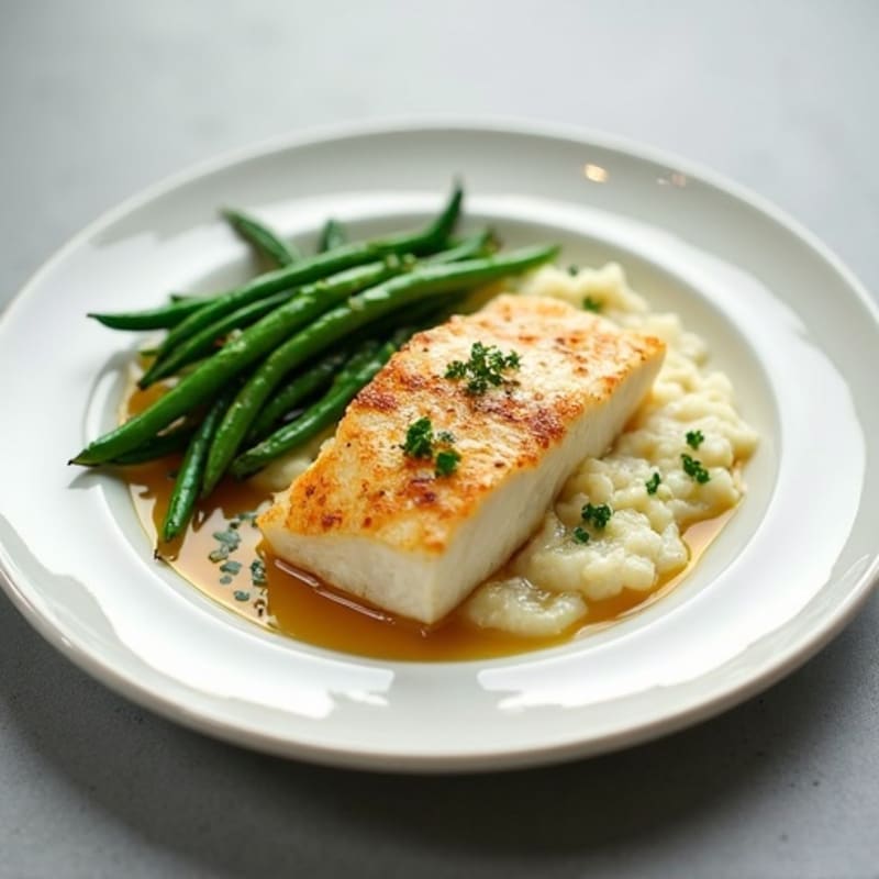 Seared Cod with Garlic Green Beans and Cauliflower Mash