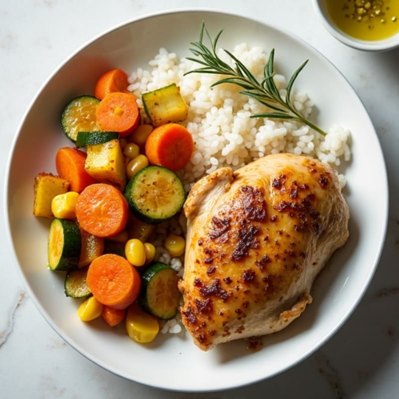 Herb-Baked Chicken Thighs with Steamed Rice and Sautéed Vegetables