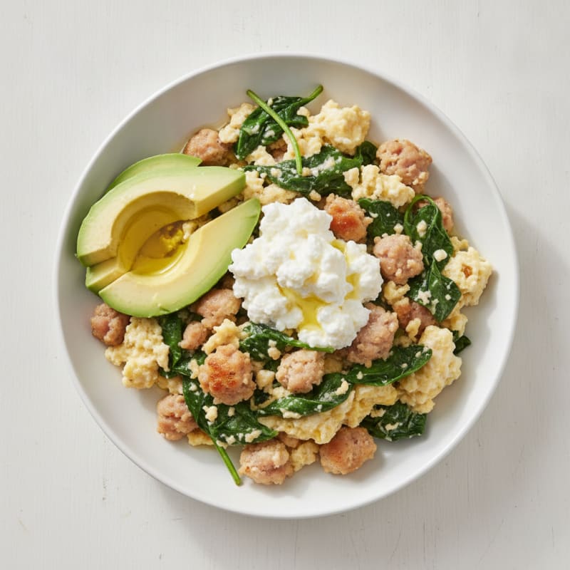 Egg White Spinach Scramble with Turkey Sausage and Cottage Cheese