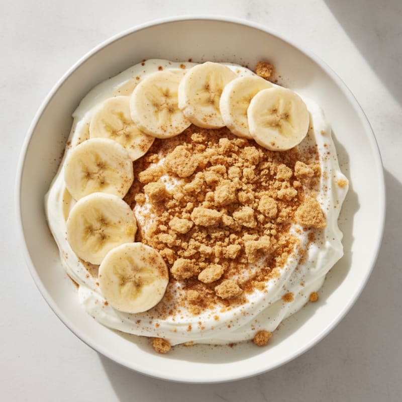 Oikos Greek Yogurt Protein Bowl with Sliced Banana and Rice Cake Crumble