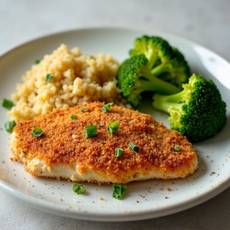 Crispy Baked Chicken Breast with Quinoa and Roasted Broccoli